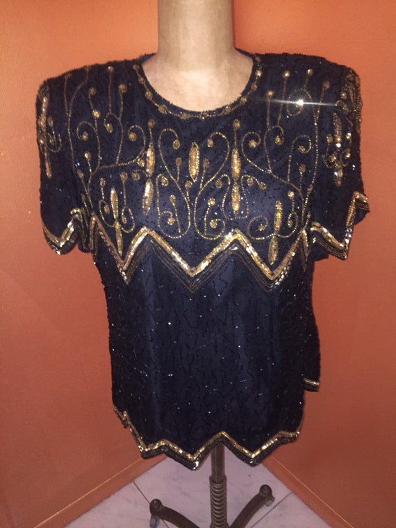 Lauren Kazar Vintage Black and Gold Beaded with S… - image 1