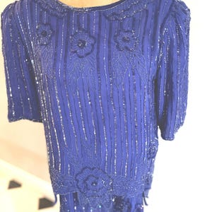 Two Piece Royal Blue Silk  Sequin set, blouse and skirt , made by Jagswear size XL
