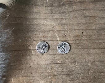 Recycled Silver Chukar Head Post Earrings, Oxidized Upland Bird Jewelry