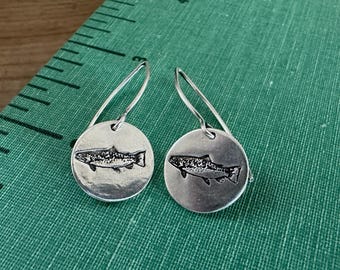 Recycled Silver Brown Trout Earrings: Fly Fishing Jewelry