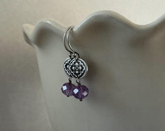 Folk Art, Flower earrings, Amethyst, recycled silver, made for adventure