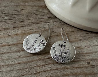 Wild and Free, wildflower meadow, botanical earrings, recycled silver, made for adventure