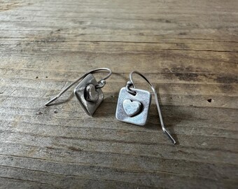 Je t'aime, Heart earrings, Dainty, recycled silver, expression of love, made for adventure,