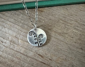 Fiddlehead Fronds, 18 inch chain, Fern necklace, botanical, recycled silver, made for adventure