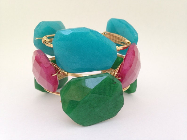 Dark Green Jade Wire Wrapped Gold Bangle | Etsy