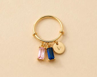 Personalized Birthstone Charm Ring, Custom Initial Mom Ring, Adjustable 14K Gold Filled Ring, Choose Your Charms, Gift for Her