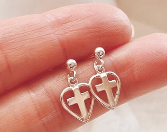 Sterling Silver Heart Cross Stud Earrings, First Communion Cross Heart Earrings, Tiny Silver Dangling Cross Stud Earrings, Communion Gift