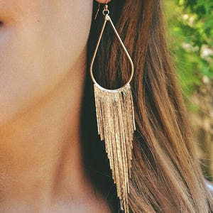 long gold fringe earrings, tassel earrings, long gold chandelier earrings, sterling silver or 14k gold filled earwires