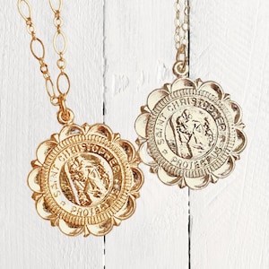 Gold Medallion Necklace, Saint Christopher Medallion Necklace, Gold Filled Necklace, Travelers Necklace, Layering Necklace, Saint Necklace