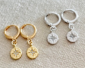 18K Gold North Star Huggie Hoops, Silver Starburst Coin Dangle Earrings, Celestial Star Hoop Earrings, Gift For Her