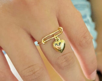 Dangle Charm Heart Minimalistic Ring, Ring with Charm, Dangle Charm Ring, Dangling Ring, Gold Heart Ring, Stackable Ring, Sterling Silver