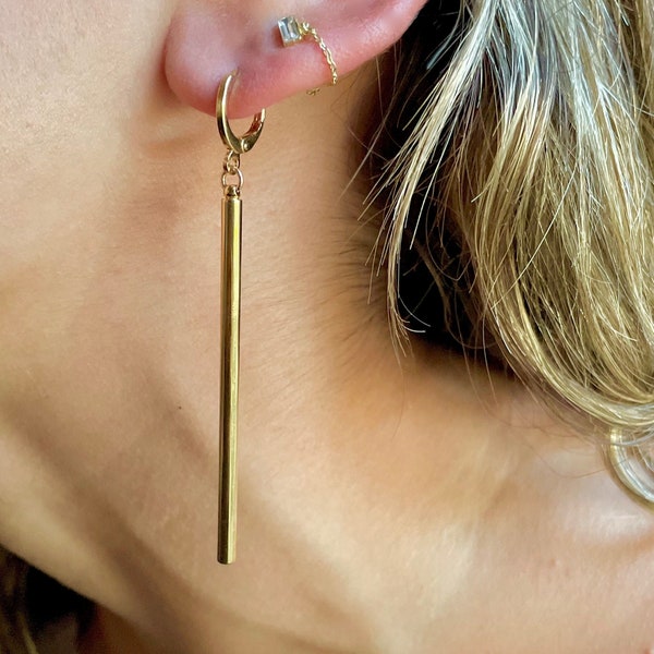 Long Thin Gold Bar Earrings, Bar Huggie Hoops, Modern Minimalist Jewelry, 3 inch Gold Dangle Earrings, Simple Vertical Bar