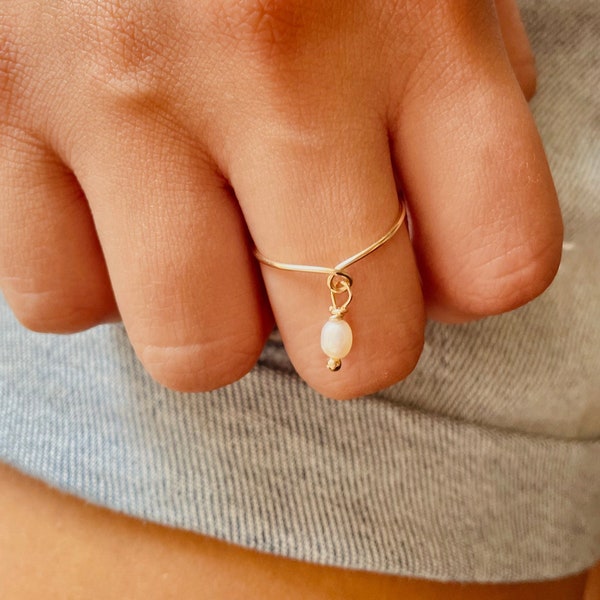 Minimalist Ring with Dangle Pearl, Dainty Pearl Ring, Stackable Rings, Handmade Ring, Gift For Her, Simple Pearl Ring, Feminine Ring