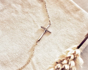 Silver Cross Necklace, Sideways Small Cross Pendant, Sterling Silver Cross, Everyday Wear, Religious Cross Jewelry, Mothers Day Gift