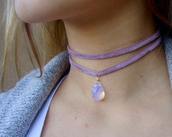 Velvet Choker Necklace, Crystal Opalite Choker, Boho Choker, Birthstone October, Gifts For Women