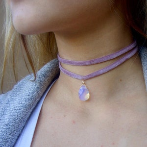 Velvet Choker Necklace with Crystal Opalite, Boho October Birthstone Jewelry,  Birthday Gift for Her