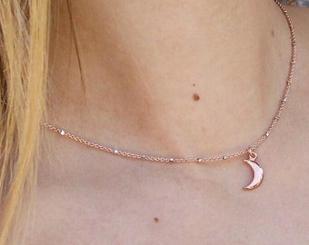 Dainty Crescent Moon Necklace, Rose Gold Moon Necklace, Minimalist Necklace, Bridesmaid Necklace, Birthday Gift, Ships Fast, Satellite Chain