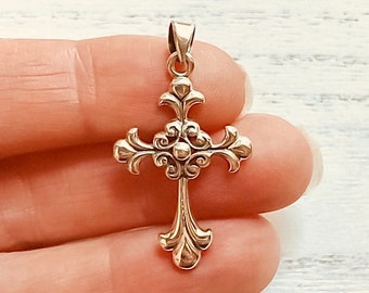 Fleur De Lis Cross Pendant, Sterling Silver Cross Charm, Christian Charm