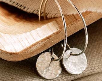 Sterling Silver Disc Earrings, Tiny Dangle Drop Earrings, Hammered Circle Earrings, Handmade Everyday Dangle Earrings For Women