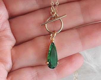 Green Crystal Teardrop Necklace, 14k Gold Filled Emerald Zircon Necklace, Cubic Zirconia Stone Dainty Charm, Green CZ Necklace Gold