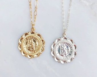 Gold Medallion Necklace, Saint Christopher Medallion Necklace, Gold Filled Necklace, Travelers Necklace, Layering Necklace, Saint Necklace