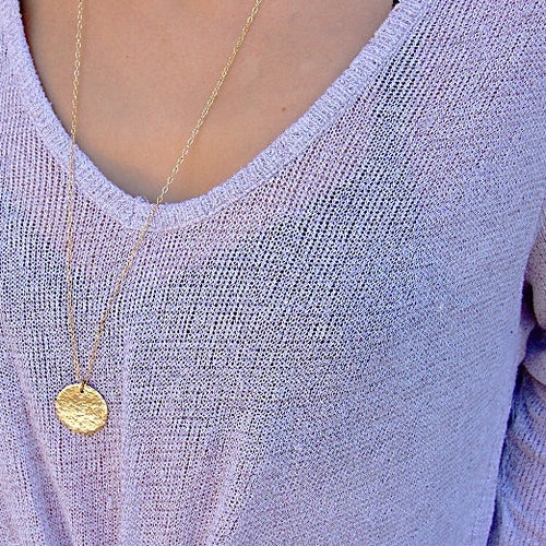 Long Gold Necklace, Hammered Gold Disc Necklace, Round Pendant Necklace Long Layering, Gold Filled or Sterling Silver