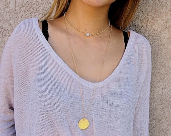 Long Gold Necklace, Hammered Charm,  Gold Disc Necklace, Round Pendant Necklace, Long Layering in Gold Filled or Sterling Silver