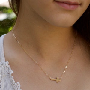 Cross Necklace Women, Gold Cross Necklace, Sideways Cross Necklace, Dainty Horizontal Cross, Handmade Jewelry, Birthday Gift, Gift for Her image 2