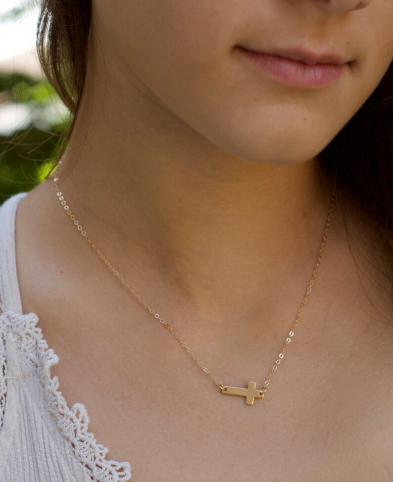 Cross Necklace Women, Gold Cross Necklace, Sideways Cross Necklace, Dainty Horizontal Cross, Handmade Jewelry, Birthday Gift, Gift for Her image 2