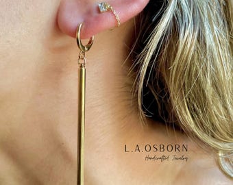 Long Thin Gold Bar Earrings, Bar Huggie Hoops, Modern Minimalist Jewelry, 3 inch Gold Dangle Earrings, Simple Vertical Bar