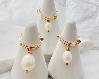 Superposition de bagues de perles d'eau douce, bague en or avec perle, bague réglable, bagues de tous les jours avec perles, bague pendante perle en forme de poire