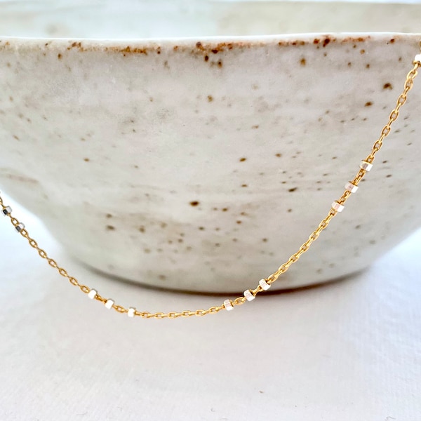 Satellite Necklace Gold, Two Tone Bead Chain Necklace, Sterling Silver 14K Gold, Handmade Minimal, Dainty Beaded Necklace, Satellite Choker