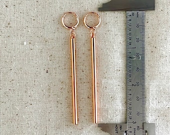 Long Thin Rose Gold Bar Earrings, Bar Huggie Hoops, Modern Minimalist Jewelry, 3 inch Rose Gold Dangle Earrings, Simple Vertical Bar