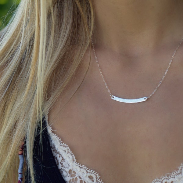 Silver Curve Bar Necklace, Best Friend Necklace, Dainty Layering Jewelry, Gift For Mom, Hammered Curve Bar Necklace Sterling Silver