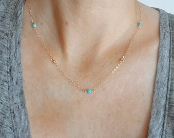 Turquoise Dainty Bead Necklace, Tiny Gemstone Necklace, Gold Fill, Sterling Silver, Delicate, Bridesmaid Necklace, Simple Minimalist
