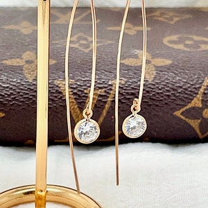 Gold Dangle Earrings, Thin Gold Earrings, CZ Earrings, Simple Earrings, Diamond Earrings, Elegant Earrings image 2