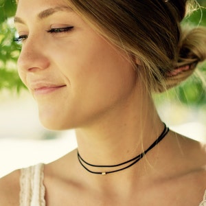 Ultra Thin Black Wrap Choker, Skinny Black Satin Choker Necklace, Simple Black Choker, Black Gold Bead Choker