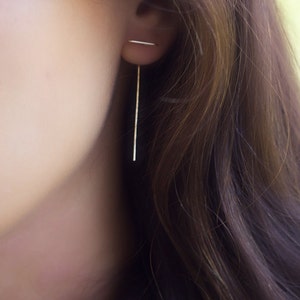 double sided earring, front back earrings, staple earring, minimalist, line earrings, delicate, gold filled