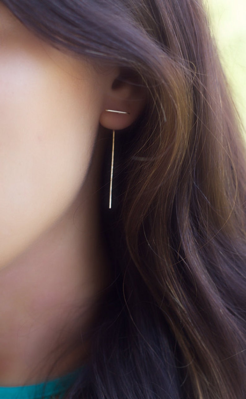 double sided earring, front back earrings, staple earring, minimalist, line earrings, delicate, gold filled image 1