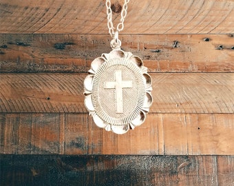 Sterling Silver Cross Medallion Necklace, Round Cross Pendant Necklace, Christian Necklace for Women, Faith Jewelry