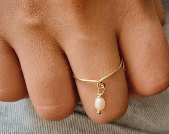 Dainty Pearl Dangle Ring, Sterling Silver or Gold Filled, Minimal Stackable Ring