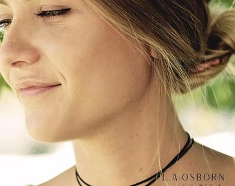 Ultra Thin Black Wrap Choker, Skinny Black Satin Choker Necklace, Simple Black Choker, Black Gold Bead Choker