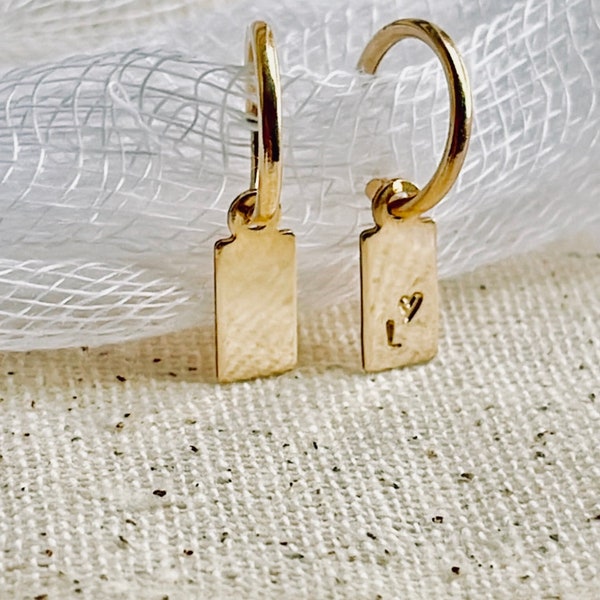 Custom Tiny Hoop Earrings with Bar Charm, Hoops with Personalized Mini Tag, Letter Huggie Hoop Earrings, Initial Hoop Earrings