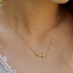Cross Necklace Women, Gold Cross Necklace, Sideways Cross Necklace, Dainty Horizontal Cross, Handmade Jewelry, Birthday Gift, Gift for Her image 1