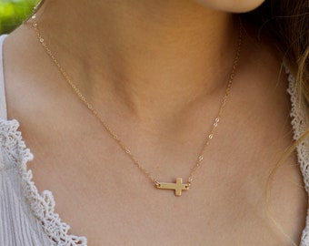 Cross Necklace Women, Gold Cross Necklace, Sideways Cross Necklace, Dainty Horizontal Cross, Handmade Jewelry, Birthday Gift, Gift for Her