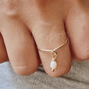 Minimalist Ring with Dangle Pearl, Dainty Pearl Ring, Stackable Rings, Handmade Ring, Gift For Her, Simple Pearl Ring, Feminine Ring