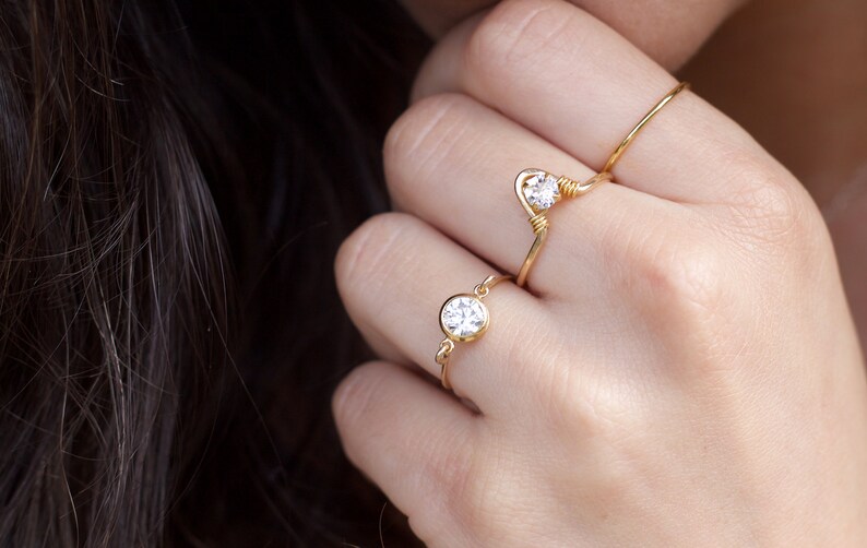 Gold CZ Stacking Ring, Diamond Ring, Thin Gold Ring, Delicate Ring, Minimalist Ring, Cubic Zirconia Ring, Crystal Ring, Boho Ring, Ring Gift image 1