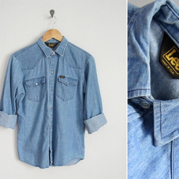 años 70 camisa de Lee chambray snap / western de la década de 1970 la camisa de trabajo