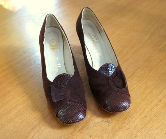 60s cocoa suede and snakeskin heels | 8 - image 5