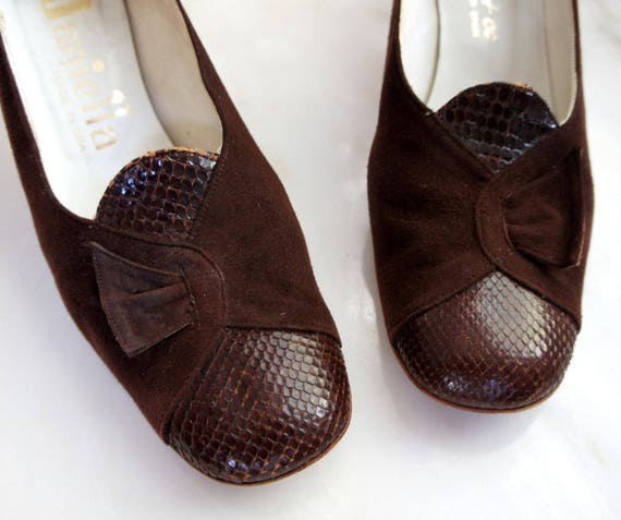 60s cocoa suede and snakeskin heels | 8 - image 4